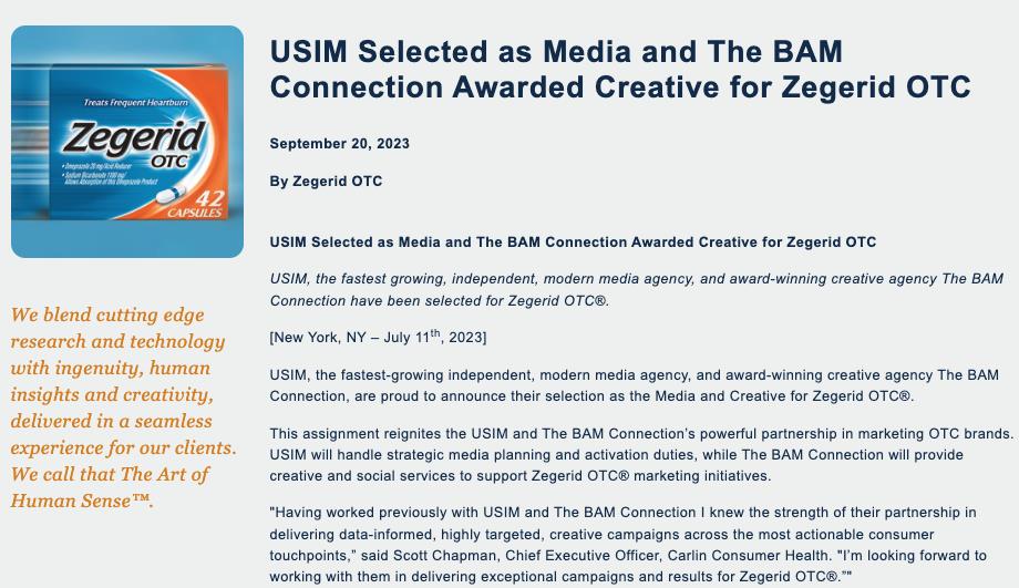 USIM Selected as Media and The BAM Connection Awarded Creative for Zegerid OTC